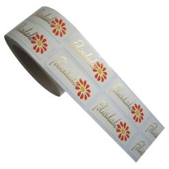 Etiqueta felicidades y margarita naranja