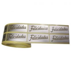 Etiqueta felicidades en plata brillo con fondo adhesivo mate