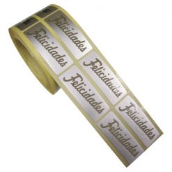 Etiqueta felicidades en plata brillo con fondo adhesivo mate