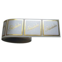 Rollo pegatinas Felicidades en oro de 35x35 mm