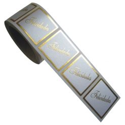 Rollo pegatinas Felicidades en oro de 35x35 mm