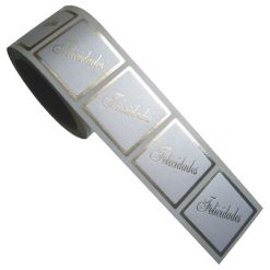 Rollo pegatinas Felicidades en plata de 35x35 mm