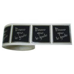 Rollo pegatinas deseo que te guste en plata sobre negro brillo de 35x35 mm