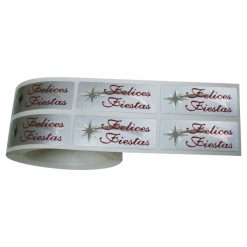 Rollo pegatinas Felices Fiestas y estrella sobre plata mate de 18x46 mm