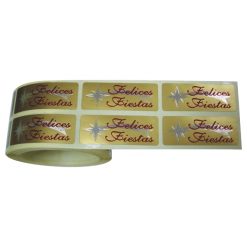 Rollo pegatinas Felices Fiestas y estrella sobre oro mate de 18x46 mm