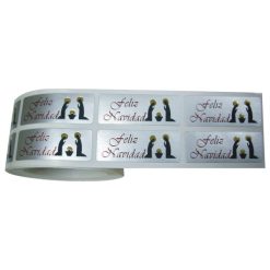 Rollo pegatinas Feliz Navidad con nacimiento de Jesús sobre plata mate de 18x46 mm
