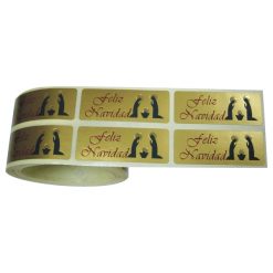 Rollo pegatinas Feliz Navidad con nacimiento de Jesús sobre oro mate de 18x46 mm