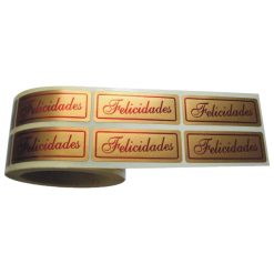 Rollo pegatinas Felicidades y orla sobre oro mate de 18x46 mm