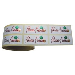 Rollo pegatinas Felices Fiestas y bolas de navidad sobre blanco brillo de 18x46 mm